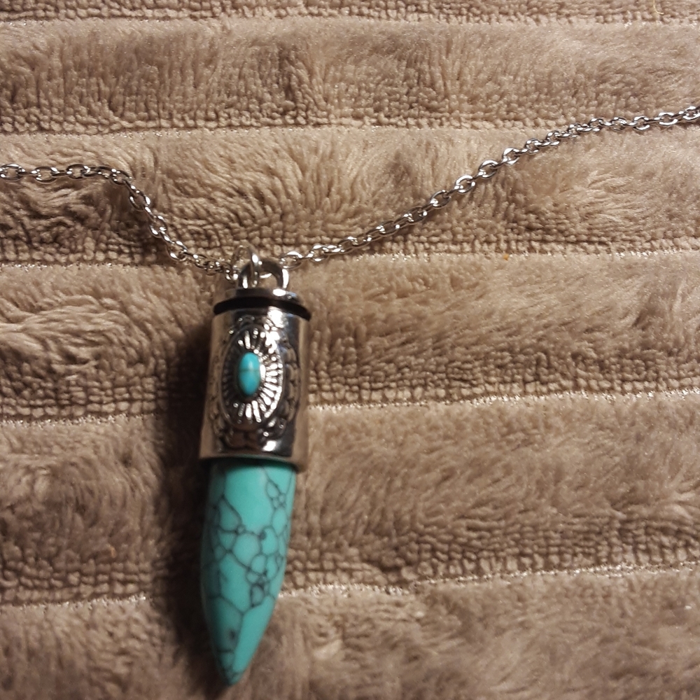Hand Crafted Turquoise Bullet Necklace Silver Tone  24" Long